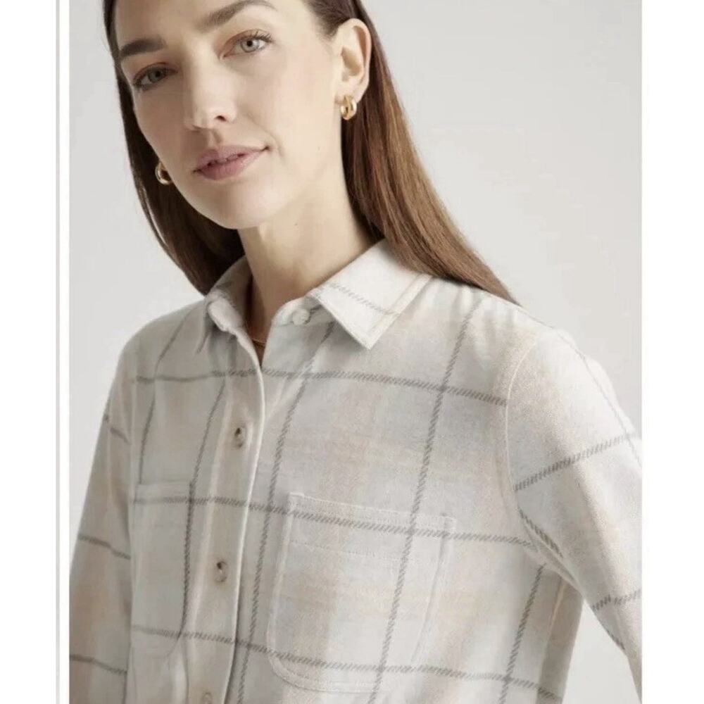Quince Cream Plaid Short Sleeve Button-Up Tee